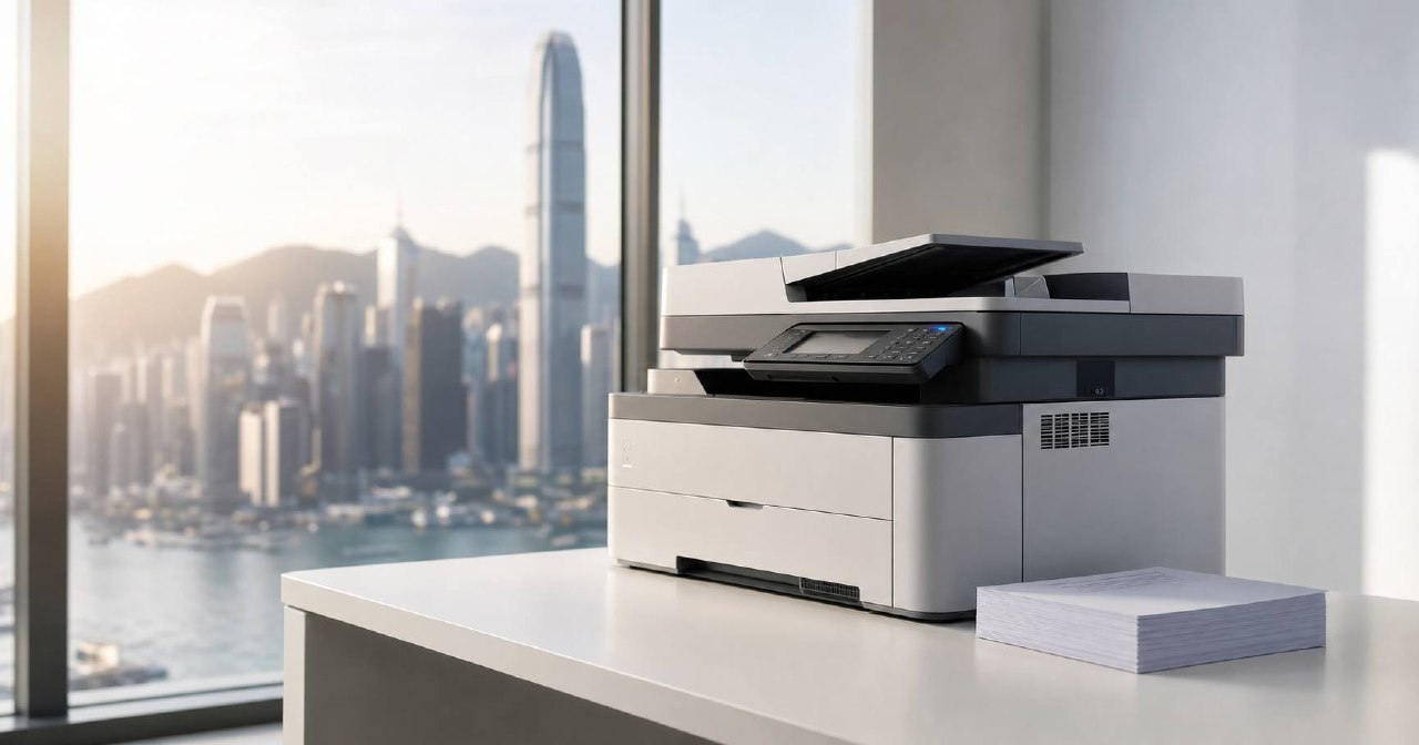 Hong Kong office multifunction printer on minimalist desk with Hong Kong skyline through floor-to-ceiling window — illustration for 消委會 598期 報告分析